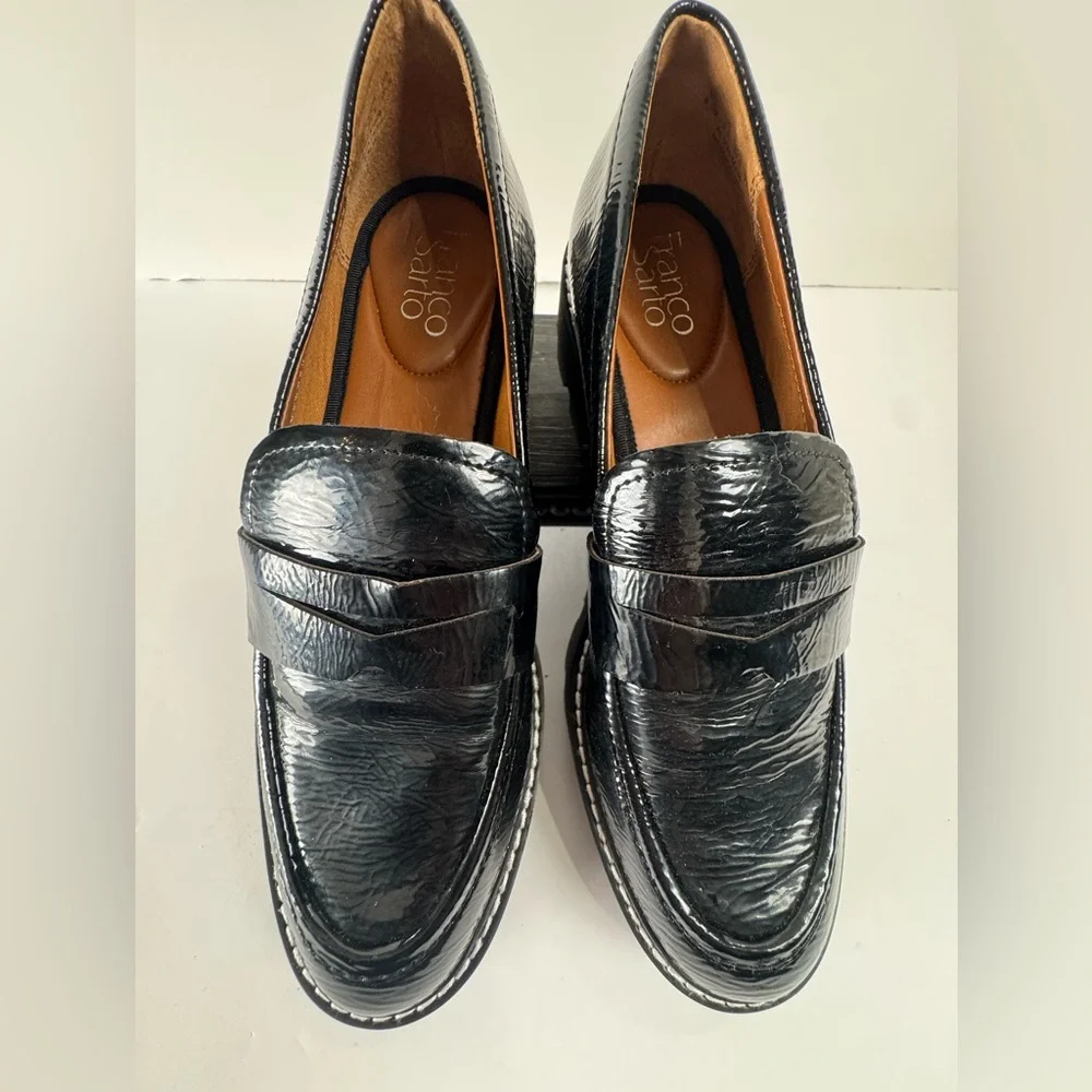 Franco Sarto Black Patent Lug Sole Platform Penny Loafers Women’s 8.5M - Picture 2 of 6